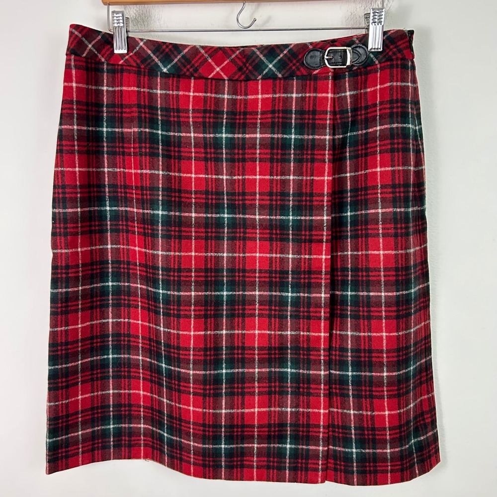Pendleton Red Tartan Plaid Virgin Wool Faux Wrap Skirt Size 12 Made in USA
